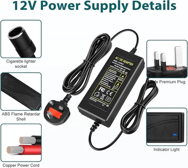 72W Desktop LED Adapter Cigarette Lighter DC 12V, AC 100–240V Input, with UK Plug, Converter Transformer — for Car Accessories, Tire Inflators, Portable Coolers, Car Vacuum Cleaners and 12V Automotive Devices