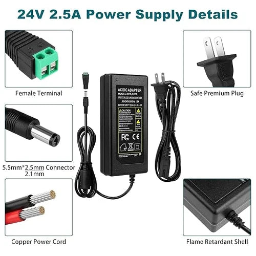 60W Desktop LED Adapter Switching Transformer DC 24V, AC 100–240V Input, US Plug for LED Strip Lights, 3D Printers, CCTV Systems, Industrial Equipment and Electronic Devices