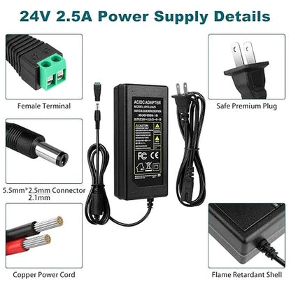60W Desktop LED Adapter Switching Transformer DC 24V, AC 100–240V Input, US Plug for LED Strip Lights, 3D Printers, CCTV Systems, Industrial Equipment and Electronic Devices