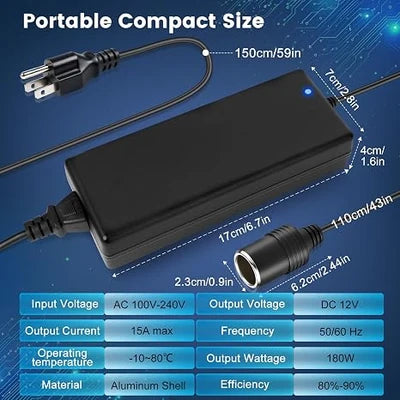 180W Desktop LED Adapter Cigarette Lighter DC 12V, AC 100–240V Input, with US Plug, Converter Transformer — for Car Accessories, Tire Inflators, Portable Coolers, Car Vacuum Cleaners and 12V Automotive Devices