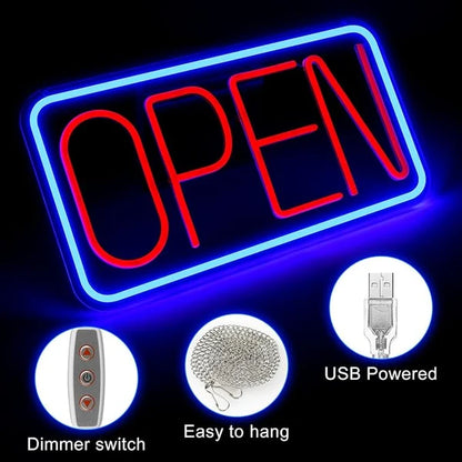 OPEN Silicone LED Store Signs – USB Powered | 16×9 inch | Blue + Red Glow | LED Window Hanging Light for  Store Entrances & Business Locations