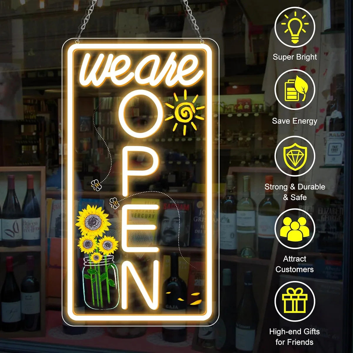 We Are Open Vertical Silicone LED Store Signs – Warm White / Neutral White  | 16.5 × 9 inch |Window Hanging |12V Plug & Play Storefront Neon Decor for  Store Entrances & Business Locations