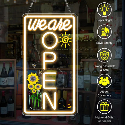We Are Open Vertical Silicone LED Store Signs – Warm White / Neutral White  | 16.5 × 9 inch |Window Hanging |12V Plug & Play Storefront Neon Decor for  Store Entrances & Business Locations