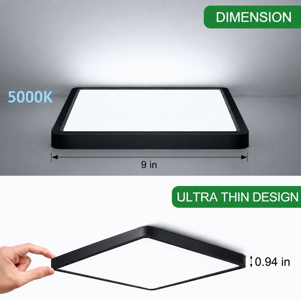 AC 110–130V | 9 Inch 18W Square Slim Flush Mount Ceiling Lights – White / Black | 3000K / 4500K / 5000K / 6500K | Flush Mount Ceiling Light for Apartment & Commercial Spaces – Local Stock (US)