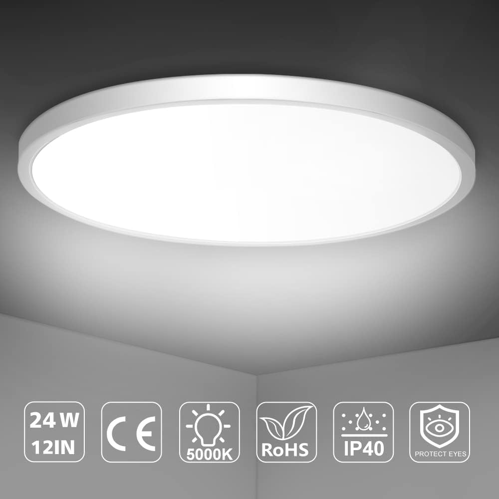 inSharepuls LED Flush Mount Ceiling Light Fixture, 5000K Daylight White 24W(240W Equivalent) 12 Inch Flat Modern Ceiling Lighting, 3200LM Ceiling Lamp for Bathroom Porch, Kitchen, Bedroom, Living Room, Hallway