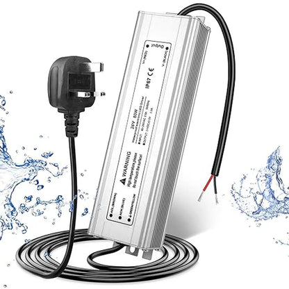 24V Outdoor Waterproof LED Power Supply 30W–100W, 90–265V Input, Single Wire Output, Aluminum Housing, Landscape & Outdoor Lighting, CE/RoHS/FCC Certified, Waterproof Transformer for Outdoor Lighting, US/UK/EU Plug