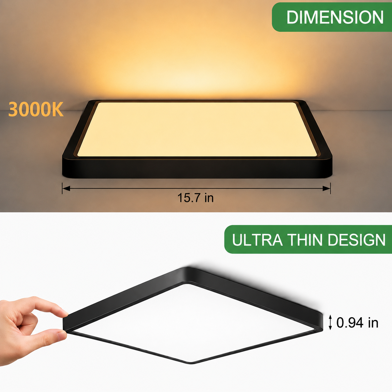inShareplus 12 Zoll quadratische LED-Deckenleuchte, 3200 lm, 24 W, 5000 K Tageslicht, superhelle Deckenleuchten, weiße LED-Lampe zur Unterputzmontage, Einbauleuchten für Küche, Bad, Schlafzimmer, Flur, Büro, Garage 