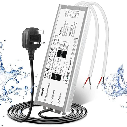 24V Outdoor Waterproof LED Power Supply 120W–300W, 90–265V Input, Single/Dual Wire Output, Aluminum Housing, Landscape & Outdoor Lighting, CE/RoHS/FCC Certified, Waterproof Transformer for Outdoor Lighting, US/UK/EU Plug