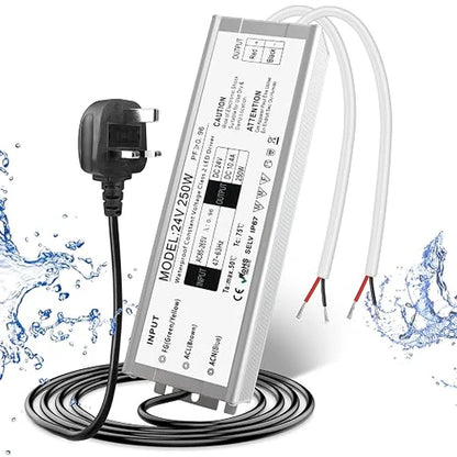 24V Outdoor Waterproof LED Power Supply 120W–300W, 90–265V Input, Single/Dual Wire Output, Aluminum Housing, Landscape & Outdoor Lighting, CE/RoHS/FCC Certified, Waterproof Transformer for Outdoor Lighting, US/UK/EU Plug