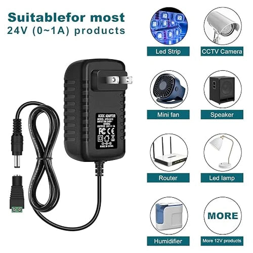 24V Plug-in Power Adapter 24W, AC 100–240V Input, Black Case - US Plug AC Power Supply for LED Lighting and DIY Projects