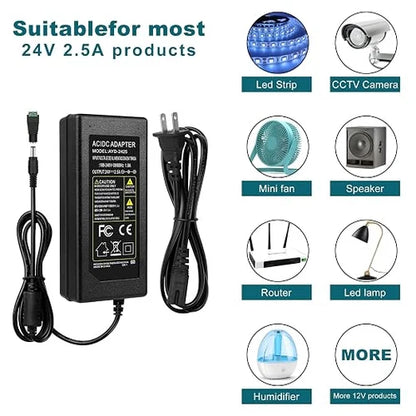 60W Desktop LED Adapter Switching Transformer DC 24V, AC 100–240V Input, US Plug for LED Strip Lights, 3D Printers, CCTV Systems, Industrial Equipment and Electronic Devices