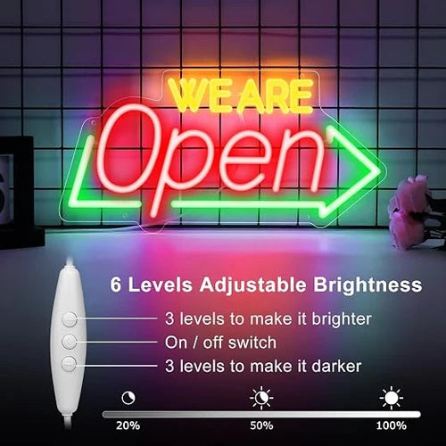 WE ARE OPEN Integrated LED Store Signs – USB Powered | 16.1×7.8 inch | Arrow Shape LED Window Sign |  Yellow + Red + Green Glow for Store Entrances & Business Locations