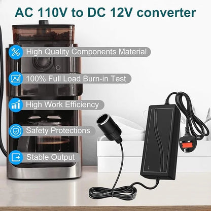 60W Desktop LED Adapter Cigarette Lighter DC 12V, AC 100–240V Input, with US/UK Plug, Converter Transformer — for Car Accessories, Tire Inflators, Portable Coolers, Car Vacuum Cleaners and 12V Automotive Devices