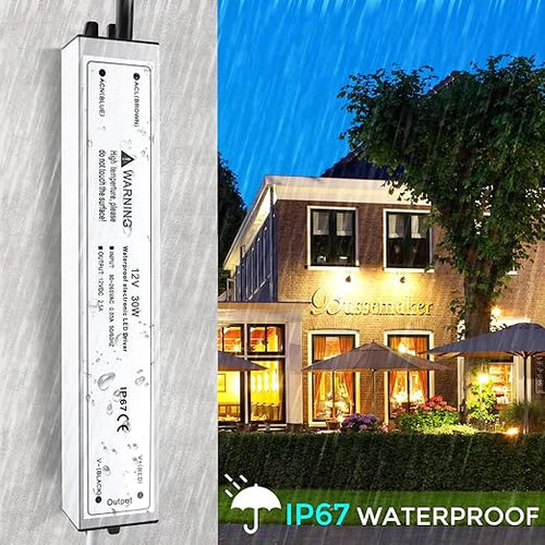 12V Outdoor Waterproof LED Power Supply 30W–100W, 90–265V Input, Single Wire Output, Aluminum Housing, Landscape & Outdoor Lighting, CE/RoHS/FCC Certified, Waterproof Transformer for Outdoor Lighting, US/UK/EU Plug
