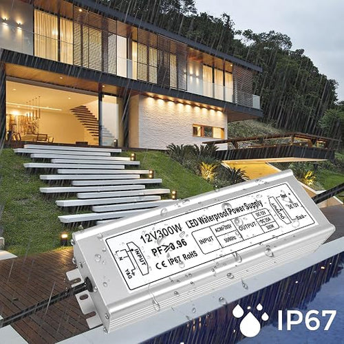 12V Outdoor Waterproof LED Power Supply 300W, 90–265V Input, Single/Dual/Triple Wire Output, Aluminum Housing, Landscape & Outdoor Lighting, CE/RoHS/FCC Certified, Waterproof Transformer for Outdoor Lighting, US /UK/EU Plug