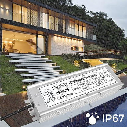 12V Outdoor Waterproof LED Power Supply 300W, 90–265V Input, Single/Dual/Triple Wire Output, Aluminum Housing, Landscape & Outdoor Lighting, CE/RoHS/FCC Certified, Waterproof Transformer for Outdoor Lighting, US /UK/EU Plug
