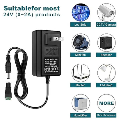 DC 24V Plug-in Power Adapter 72W, AC 100–240V to 24V - US Plug AC Power Supply for High Power LED Lighting and Home Applications, Black Case