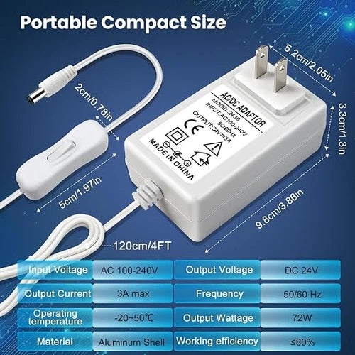 DC 12V Plug-in Power Adapter with On/Off Switch, 24W, US Plug, White Housing, 100–240V AC Input - Power Supply for LED Lighting and Home Applications