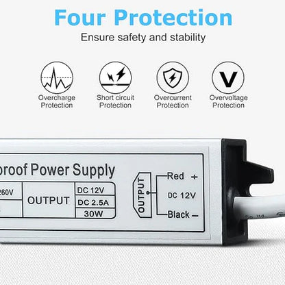 12V Outdoor Waterproof LED Power Supply 30W–100W, 90–265V Input, Single Wire Output, Aluminum Housing, Landscape & Outdoor Lighting, CE/RoHS/FCC Certified, Waterproof Transformer for Outdoor Lighting, US/UK/EU Plug