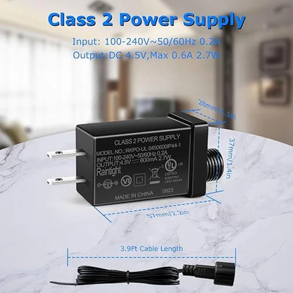 2.7W IP44 Class 2 Plug-in Power Adapter, AC 100–240V to DC 4.5V Adapter Transformer - Waterproof Power Supply for Outdoor String Lights, Holiday Decorations and Decorative Lighting
