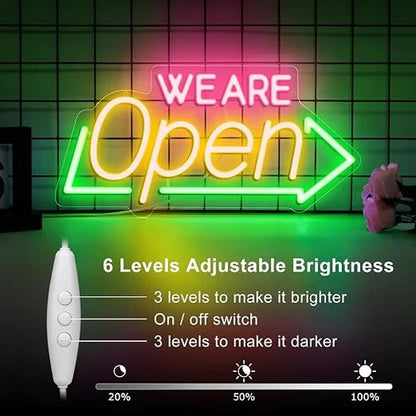 WE ARE OPEN Silicone LED Store Signs – USB Powered | 16.1×7.8 inch | Arrow Shape LED Window Sign |  2 Color Options for  Store Entrances & Business Locations