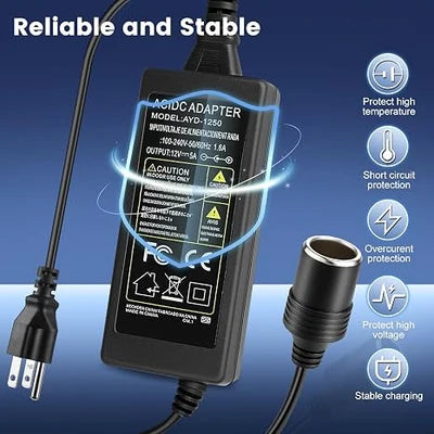 60W Desktop LED Adapter Cigarette Lighter DC 12V, AC 100–240V Input, with US/UK Plug, Converter Transformer — for Car Accessories, Tire Inflators, Portable Coolers, Car Vacuum Cleaners and 12V Automotive Devices