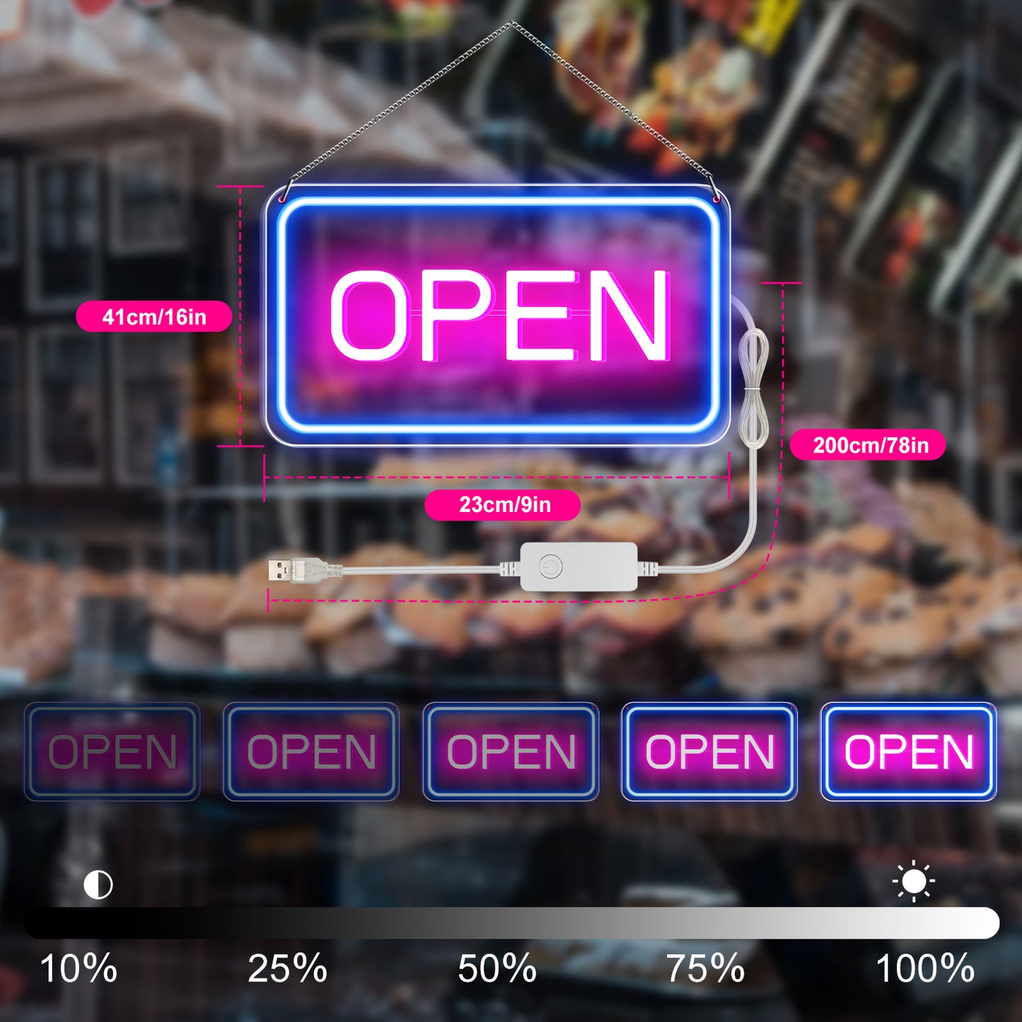 LightingWill Neon Open Sign Light – 16"x9" LED Open Sign with Adjustable Brightness, USB Powered 5V Electric Business Sign for Shops, Bars, Cafes, Hotels, Windows, and Outdoor Use