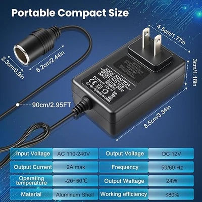 DC 12V Cigarette Lighter Plug-in Power Adapter 36W, AC 100–240V to 12V Converter Transformer - US Plug for Car Accessories and Portable Devices