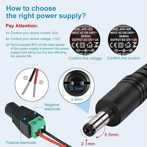 DC 12V Plug-in Power Adapter with On/Off Switch, 36W, US Plug, Black/White Housing, 100–240V AC Input - Power Supply for LED Lighting and Portable Devices