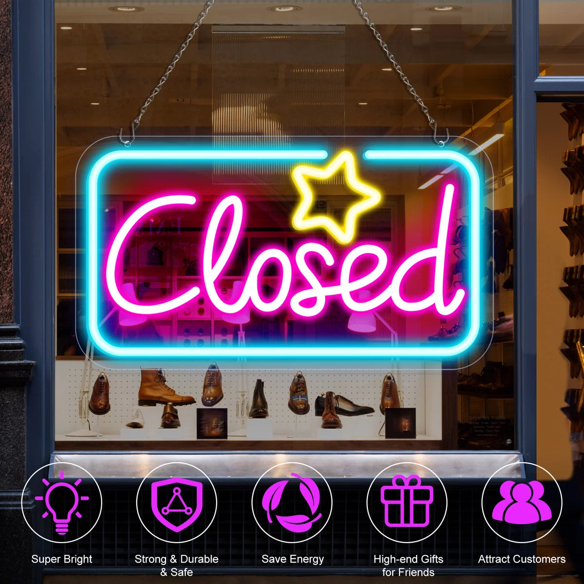 Closed Silicone LED Store Signs – Ice Blue & Pink Glow + Yellow Star | 16.5 × 9 inch | Window Hanging |  Plug & Play for  Store Entrances & Business Locations