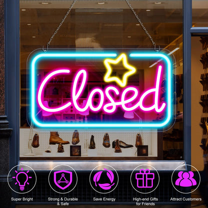 Closed Silicone LED Store Signs – Ice Blue & Pink Glow + Yellow Star | 16.5 × 9 inch | Window Hanging |  Plug & Play for  Store Entrances & Business Locations