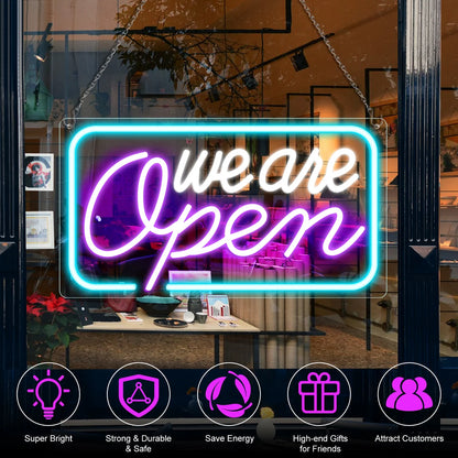 We Are Open Silicone LED Store Signs – 4 Glow Color Options | 16.5 × 9 /23.5 × 12.5 inch | Window Hanging | Plug & Play for  Store Entrances & Business Locations