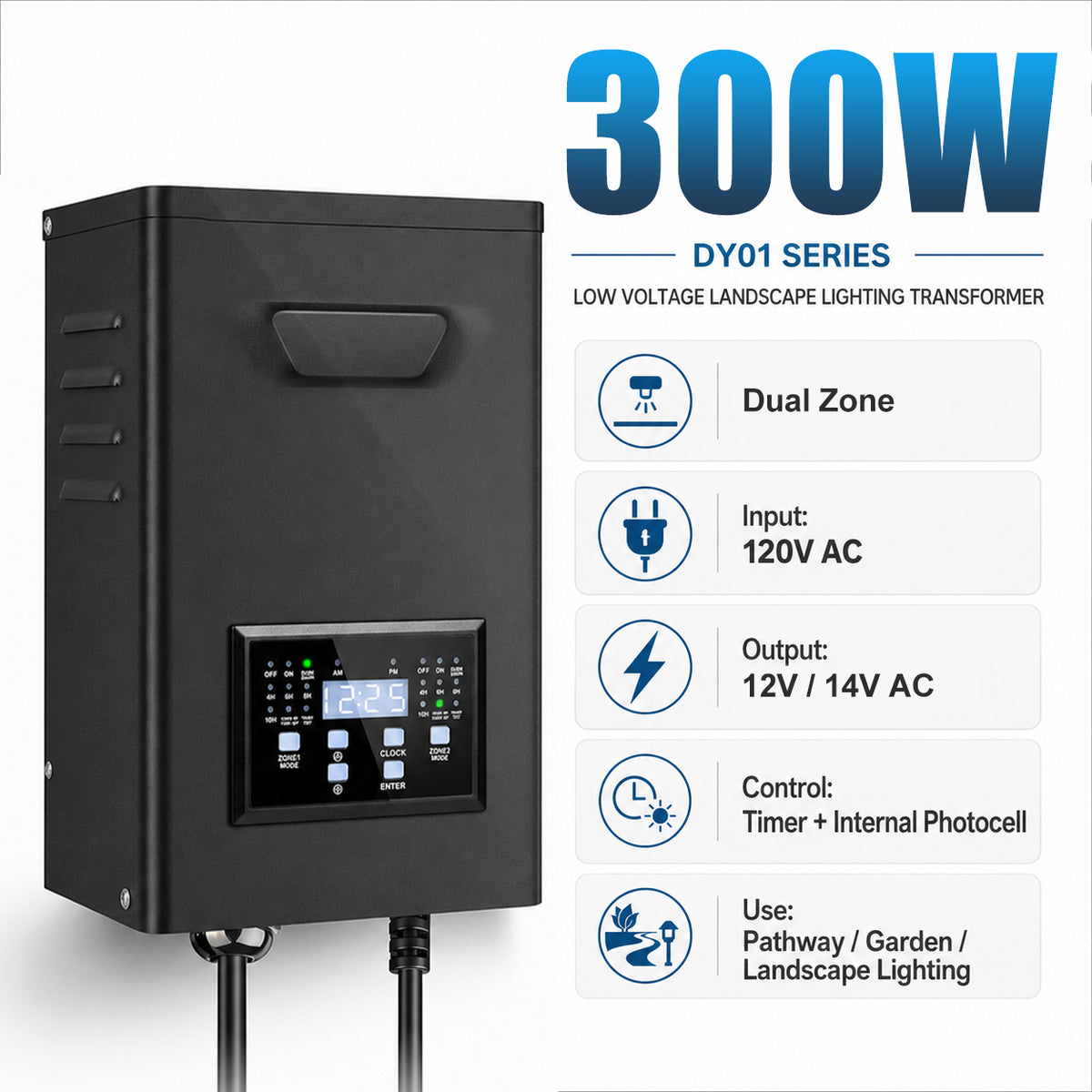 300W Dual Zone Low Voltage Lighting Transformer – 120V to 12V/14V AC, Timer & External Photocell, Low Voltage Power Supply for Outdoor LED Lighting