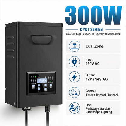 300W Dual Zone Low Voltage Lighting Transformer – 120V to 12V/14V AC, Timer & External Photocell, Low Voltage Power Supply for Outdoor LED Lighting