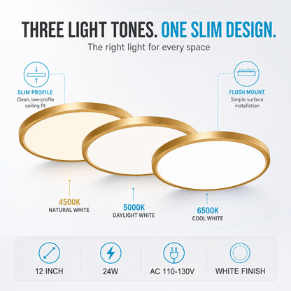 inShareplus 12 Zoll 24W Gold LED-Deckenleuchte, Tageslichtweiß 5000K, 0,94 Zoll ultradünne Deckenbeleuchtung zur Unterputzmontage, 3200LM superhelle goldene Deckenlampe für Schlafzimmer, Büro, Flur, Küche 