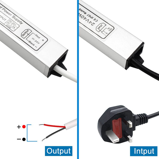 inShareplus LED Power Supply, 24V 40W IP67 Waterproof Outdoor Driver, AC 110-260V to DC 24V 1.7A Low Voltage Transformer, Adapter with 3-Prong Plug for LED Light, Computer Project, Outdoor Use