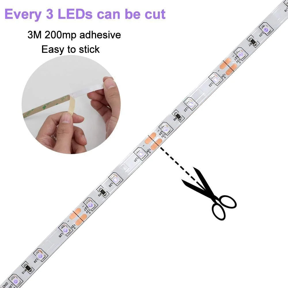 24W SMD2835 395–405nm DC12V UV Blacklight LED Strip | 60 LEDs/m | Non-Waterproof / IP65 Waterproof | With Power Adapter | For Blacklight, Party & Glow Decoration