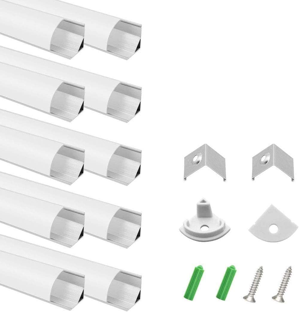inShareplus 10 Pack, 3.3ft/1 Meter, Silver, LED Aluminum Channel System V Shape with Milk White Cover, End Caps and Mounting Clips, Aluminum Profile for LED Strip Light Installations [Energy Class F]