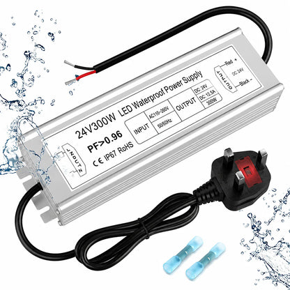 24V Outdoor Waterproof LED Power Supply 120W–300W, 90–265V Input, Single/Dual Wire Output, Aluminum Housing, Landscape & Outdoor Lighting, CE/RoHS/FCC Certified, Waterproof Transformer for Outdoor Lighting, US/UK/EU Plug