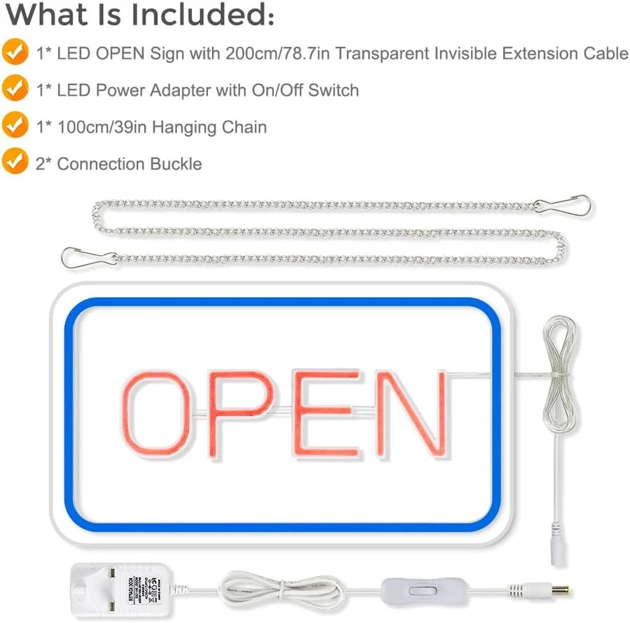 OPEN LED Store Signs – Rectangular | 5 Glow Color Options | 16×9 / 23×12 Inch | Window Hanging | 12V Adapter with US Plug | Plug & Play for  Store Entrances & Business Locations