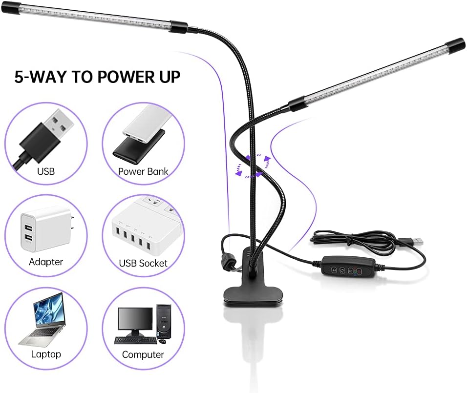 inShareplus LED-UV-Licht mit Doppelkopf und USB, 395 nm – 405 nm dimmbares UV-Licht mit Clip, leuchtet im Dunkeln, 20 W schwarze Lampe für Party, Bühne, UV-Kleber, aushärtende Harzfarbe, Sammlung, Aquarium 