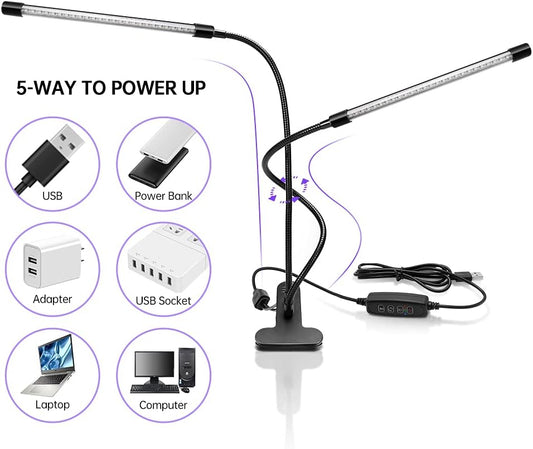 inShareplus LED-UV-Licht mit Doppelkopf und USB, 395 nm – 405 nm dimmbares UV-Licht mit Clip, leuchtet im Dunkeln, 20 W schwarze Lampe für Party, Bühne, UV-Kleber, aushärtende Harzfarbe, Sammlung, Aquarium 
