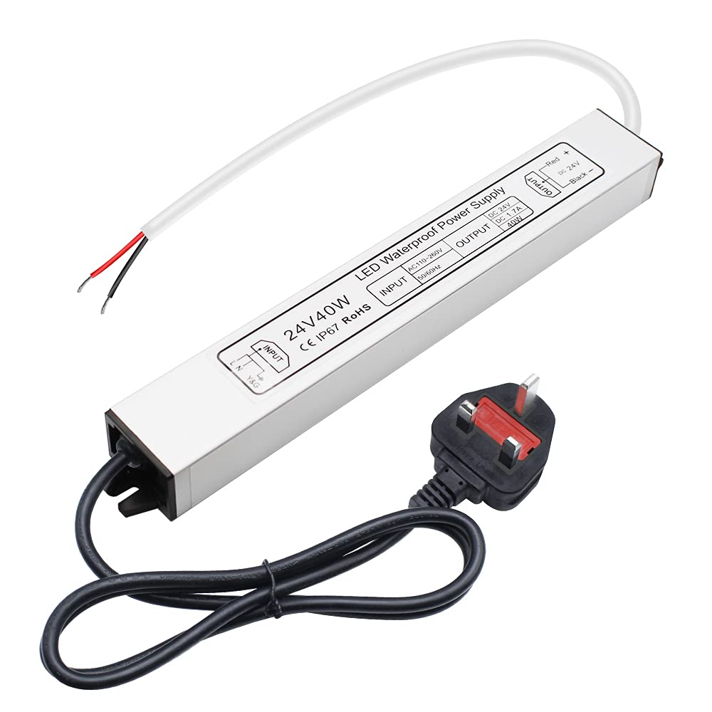 inShareplus LED Power Supply, 24V 40W IP67 Waterproof Outdoor Driver, AC 110-260V to DC 24V 1.7A Low Voltage Transformer, Adapter with 3-Prong Plug for LED Light, Computer Project, Outdoor Use