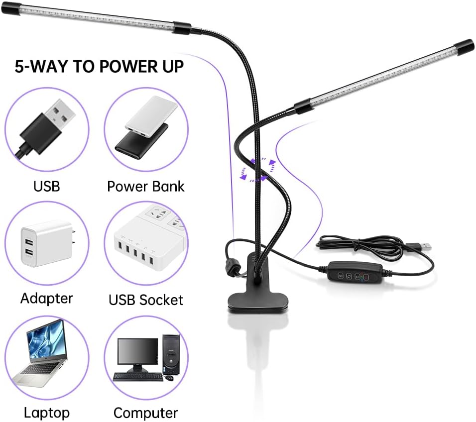 inShareplus LED-UV-Licht mit Doppelkopf und USB, 395 nm – 405 nm dimmbares UV-Licht mit Clip, leuchtet im Dunkeln, 20 W schwarze Lampe für Party, Bühne, UV-Kleber, aushärtende Harzfarbe, Sammlung, Aquarium 
