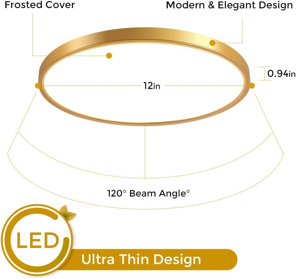 inShareplus 12 Inch 24W Gold LED Ceiling Light, Daylight White 5000K 0.94 Inch Ultra Thin Flush Mount Ceiling Lighting, 3200LM Super Bright Gold Ceiling Lamp for Bedroom, Office, Hallway, Kitchen