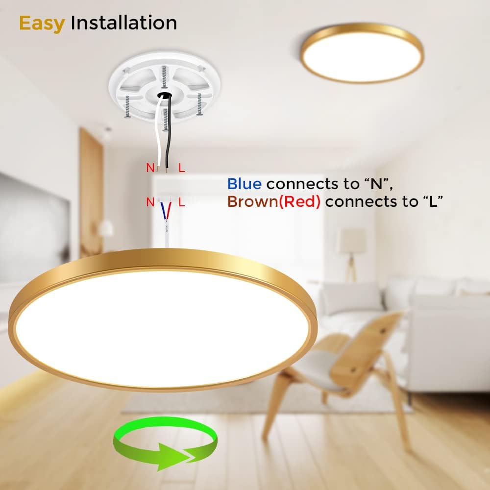 inShareplus 12 Inch 24W Gold LED Ceiling Light, Daylight White 5000K 0.94 Inch Ultra Thin Flush Mount Ceiling Lighting, 3200LM Super Bright Gold Ceiling Lamp for Bedroom, Office, Hallway, Kitchen