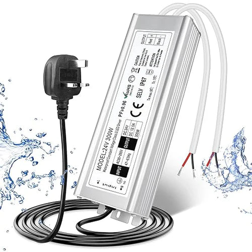 24V Outdoor Waterproof LED Power Supply 120W–300W, 90–265V Input, Single/Dual Wire Output, Aluminum Housing, Landscape & Outdoor Lighting, CE/RoHS/FCC Certified, Waterproof Transformer for Outdoor Lighting, US/UK/EU Plug