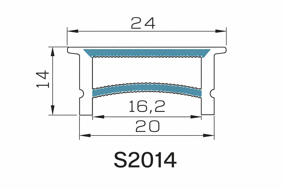 Q-TE Series 20×14mm Top Emitting LED Neon Tube Housing | S2014 Quick Install led neon tube profile | White Edge Structure | Max Strip Width ≤16mm | 16.4FT/5M | Interior Display Lighting