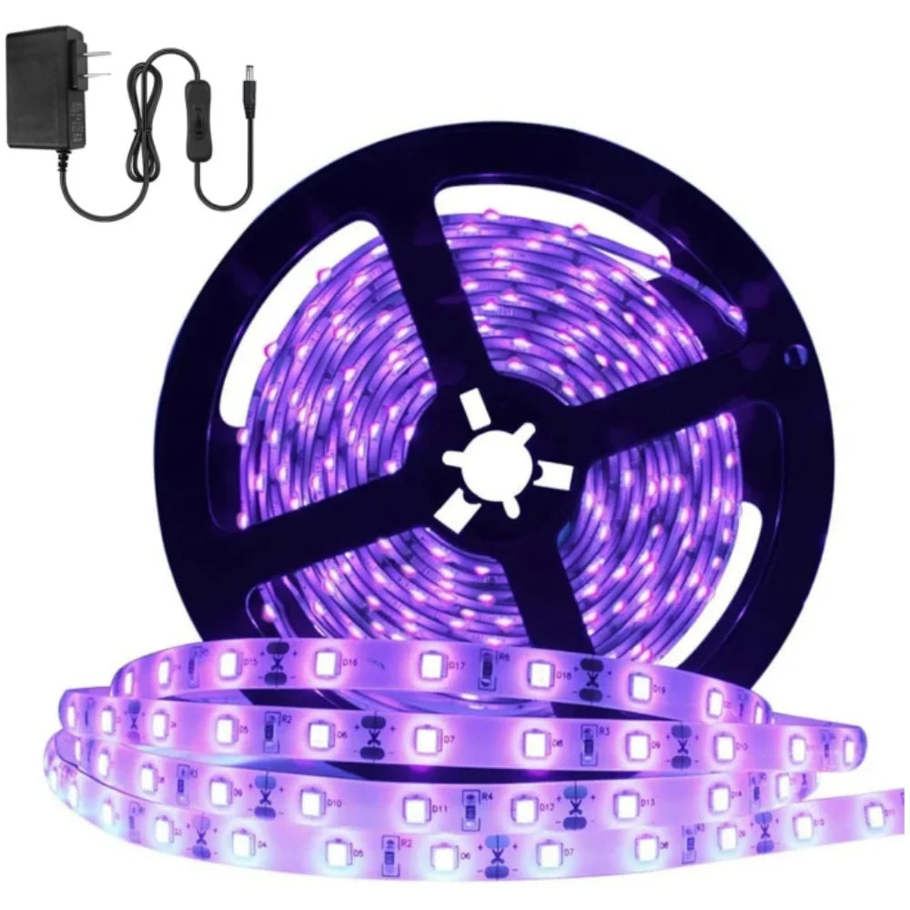 24W SMD2835 395–405nm DC12V UV Blacklight LED Strip | 60 LEDs/m | Non-Waterproof / IP65 Waterproof | With Power Adapter | For Blacklight, Party & Glow Decoration