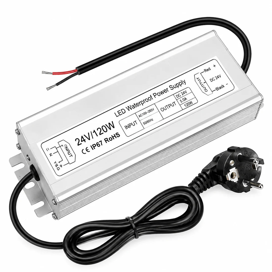 24V Outdoor Waterproof LED Power Supply 120W–300W, 90–265V Input, Single/Dual Wire Output, Aluminum Housing, Landscape & Outdoor Lighting, CE/RoHS/FCC Certified, Waterproof Transformer for Outdoor Lighting, US/UK/EU Plug